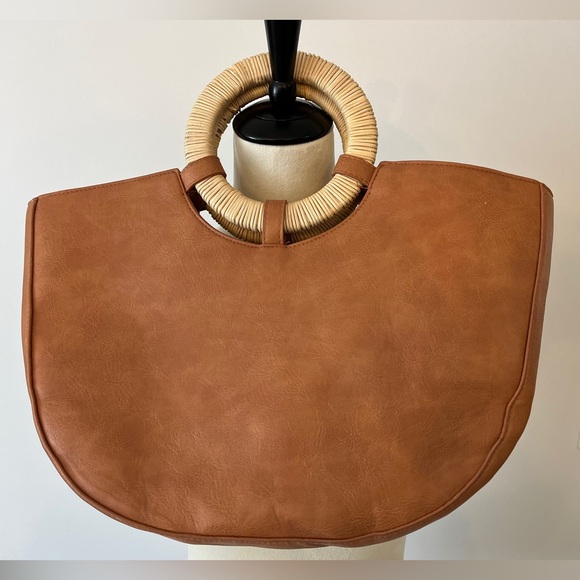 Women’s shoulder bag straw brown tan round handle cinch close universal thread - Picture 6 of 11